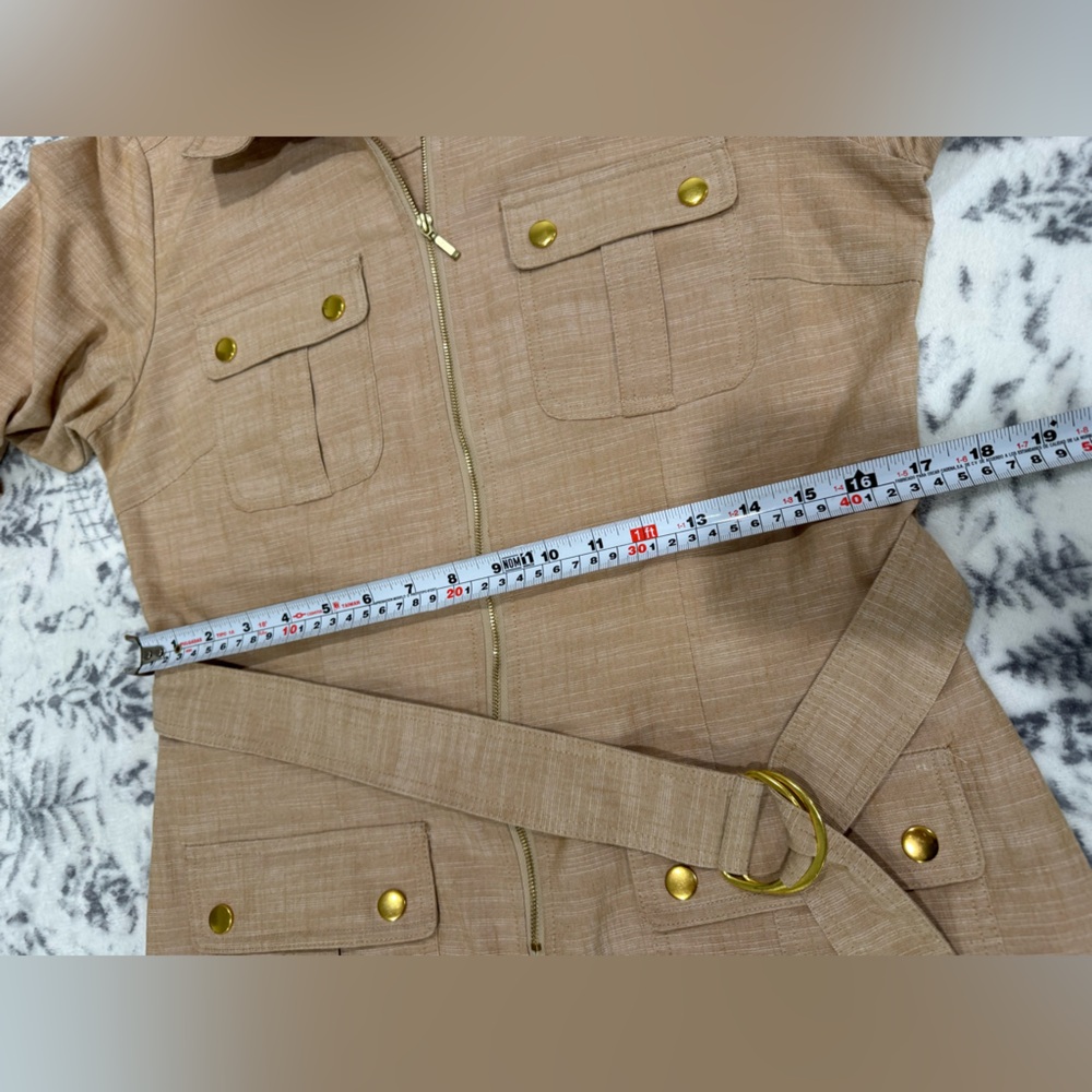 Sharagano Safari Shirt Dress Tan Utility Belted Gold Button Zip Front Size 10 - Picture 9 of 9